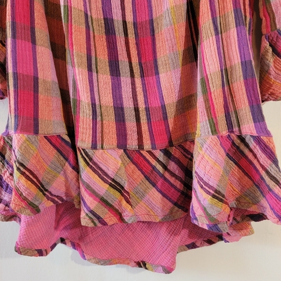 Beach Lunch Lounge Women's Red Orange Plaid Peasant Top Sz L Off Shoulder Gauze - Picture 4 of 12
